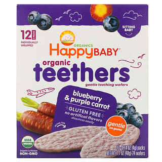Happy Family Organics, Mordedores orgánicos, Obleas suaves para la dentición, Bebé que se sienta, Arándano azul y zanahoria morada, 12 paquetes, 4 g (0,14 oz) cada uno