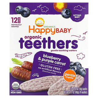 Happy Family Organics, Organic Teethers, органічні вафлі для м’якого прорізування зубів, для малюків, які вміють сидіти, лохина й фіолетова морква, 12 пакетиків по 4 г (0,14 унції)