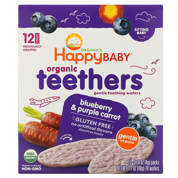 Happy Family Organics, オーガニックティーザー、ジェントルティーシングウエハース、お座りができる赤ちゃん用、ブルーベリーと紫ニンジン、12パック、各4 g
