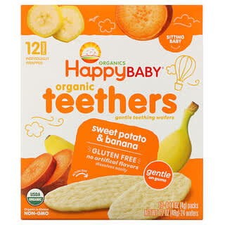 Happy Family Organics, органические вафли для прорезывания зубов, для малышей, умеющих сидеть, батат и банан, 12 пакетиков по 4 г (0,14 унции)