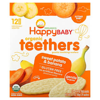 Happy Family Organics, Anneaux de dentition biologiques, Pastilles de dentition douces, Patate douce et banane, 12 sachets, 4 g chacun
