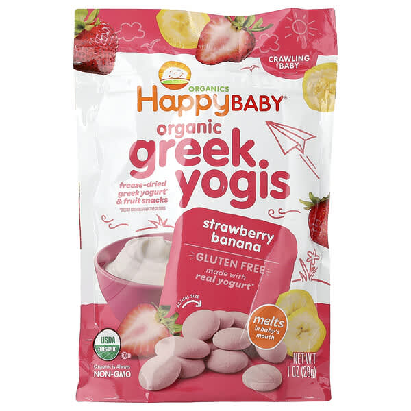 Happy Family Organics, Happy Baby®, 유기농 그릭 요기스, 기어 다니는 아기, 딸기 바나나, 28g(1oz)