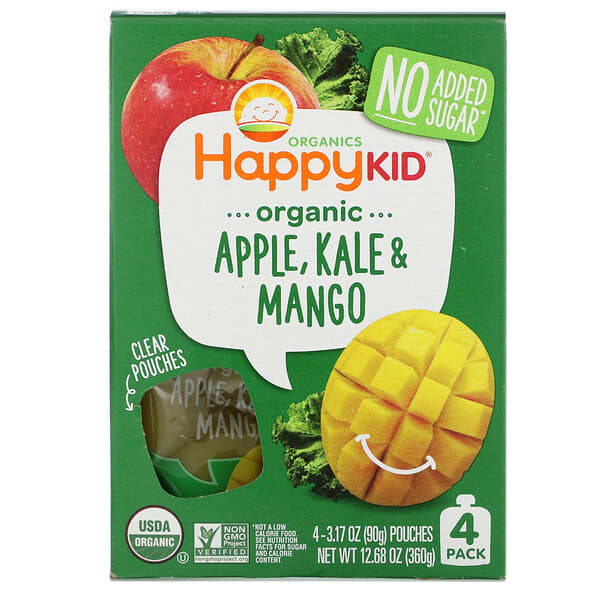 Happy Family Organics, ハッピースクイズ、オーガニク・スーパーフード、ツイスト、有機リンゴ、ケール、マンゴー、4袋、各3.17オンス（90 g）