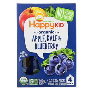 Happy Family Organics, Happy Kid، التفاح العضوي والكرنب الأجعد والتوت الأزرق، 4 أكياس، 3.17 أونصات (90 جم) لكل منها