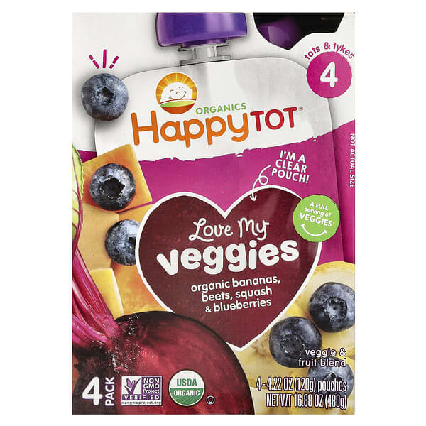 Happy Family Organics, Happy Tot，第 4 階段，Love My Veggies，有機香蕉，甜菜，南瓜和藍莓，4 小袋，每袋 4.22 盎司（120 克）