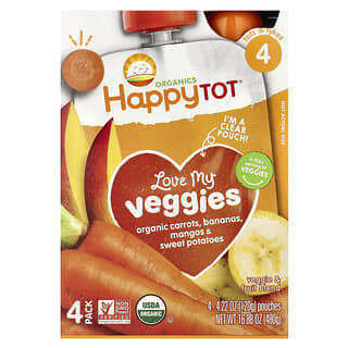 Happy Family Organics, "Обожаю свои овощи" из серии "Счастливый карапуз", органическая фруктово-овощная смесь c морковью, бананом, манго и бататом, 4 пакета по 4,22 унции (120 г)