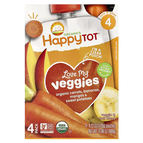 Happy Family Organics, Happy Tot®, Love My Veggies, 4단계, 유기농 당근, 바나나, 망고 및 고구마, 파우치 4개, 개당 120g(4.22oz)