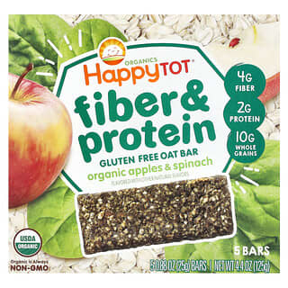 Happy Family Organics, Happy Tot, Barrita de avena sin gluten con fibra y proteínas, Para niños de 2 años en adelante, Manzanas y espinacas orgánicas, 5 barritas, 25 g (0,88 oz) cada una