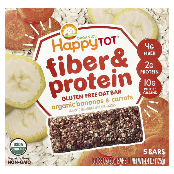 Happy Family Organics, Happy Tot®, 식이섬유 및 단백질 오트바, 유기농 바나나 및 당근, 바 5개, 각 25g(0.88oz)