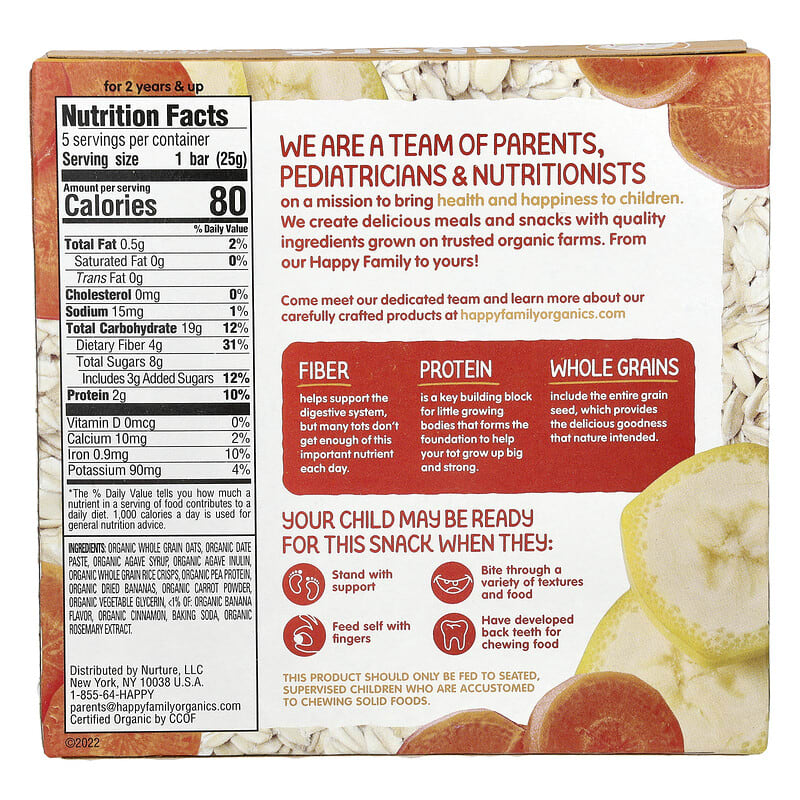 Happy Tot®, Fiber Protein Oat Bar, Organic Bananas Carrots,