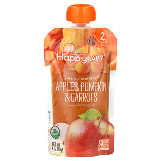 Happy Family Organics, Comida orgánica para bebés, Etapa 2, Elaboración clara, Manzanas, calabaza y zanahorias para más de 6 meses, 113 g (4 oz)