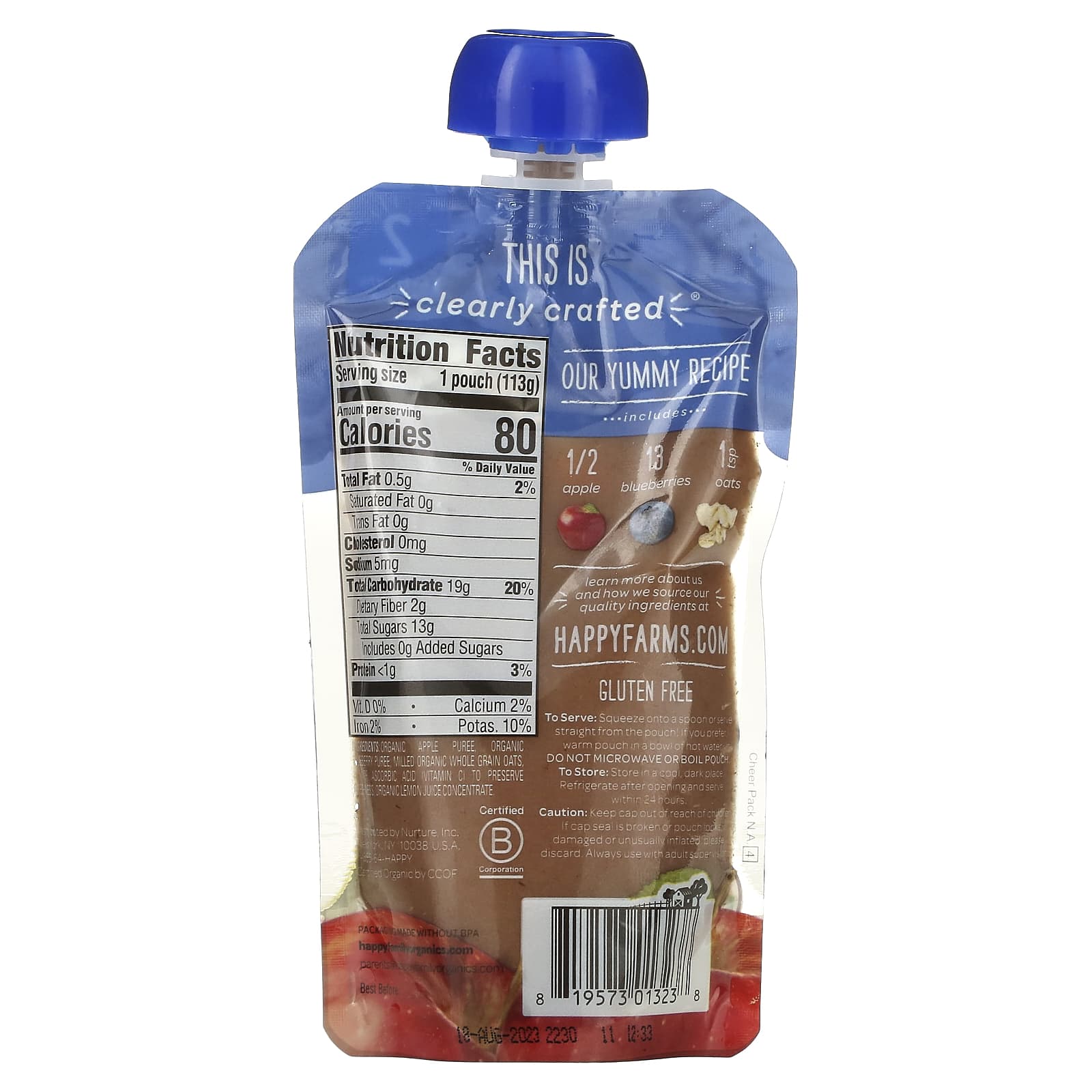 Happy Family Organics, Happy Baby, Organic Baby Food, 6+ Months, Apples, Blueberries, & Oats, 4