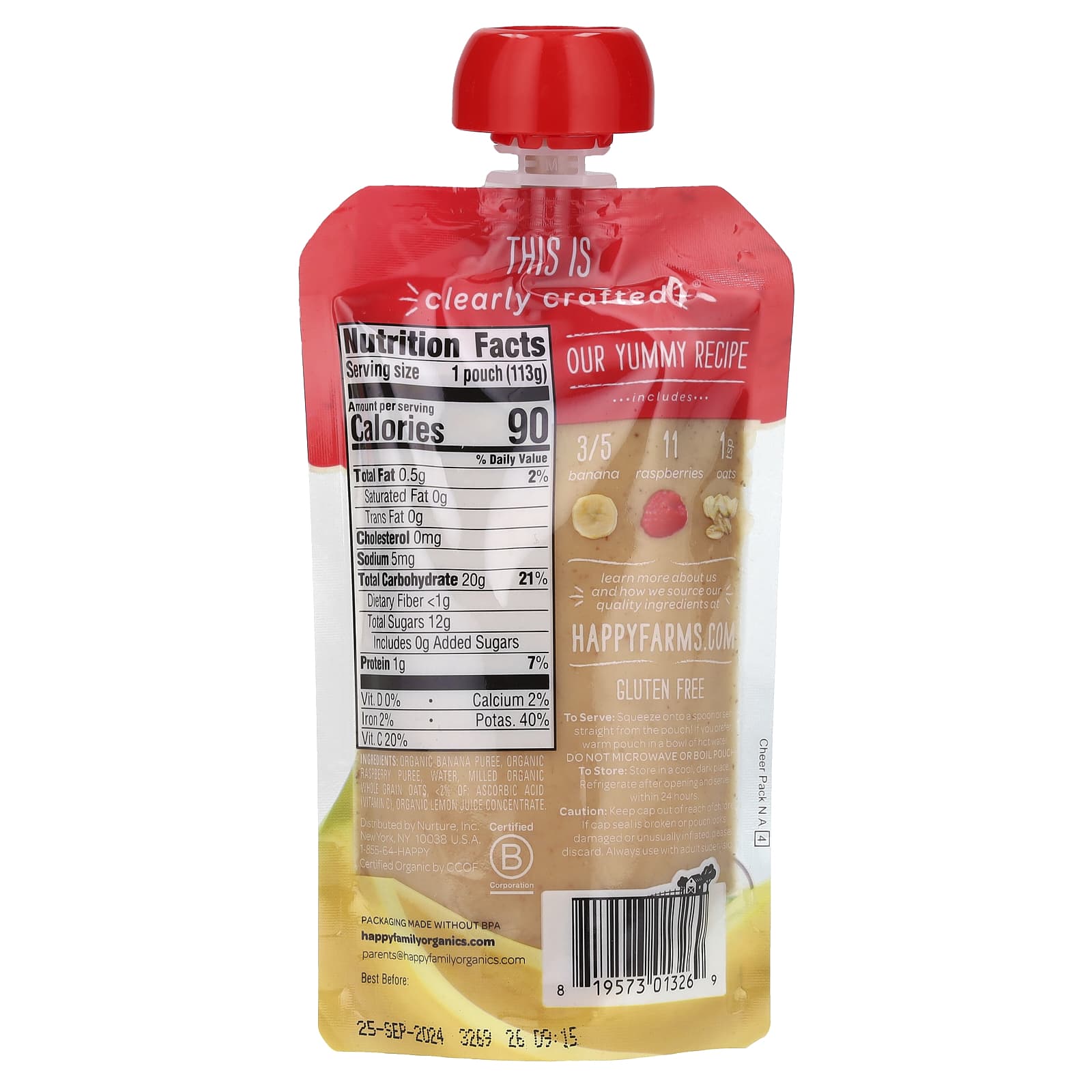 Happy Family Organics, Baby Food, 6+ Months, Bananas, Raspberries