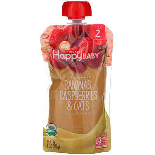 Happy Family Organics, Comida Orgânica para Bebês, Estágio 2, Claramente elaborada, 6+ Meses, Bananas, Framboesas e Aveia, 113 g (4 oz)