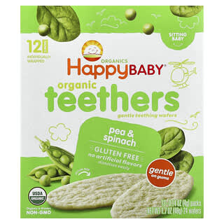 Happy Family Organics, Organic Teethers , Gentle Teething Wafers, Pea & Spinach, 12 Packs, 0.14 oz (4 g) Each
