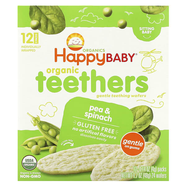 Happy Family Organics, Organic Teethers , Gentle Teething Wafers, Pea & Spinach, 12 Packs, 0.14 oz (4 g) Each