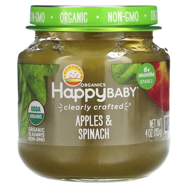 Happy Family Organics, Happy Baby®, 사과 & 시금치, 생후 6개월 이상, 113g(4oz)