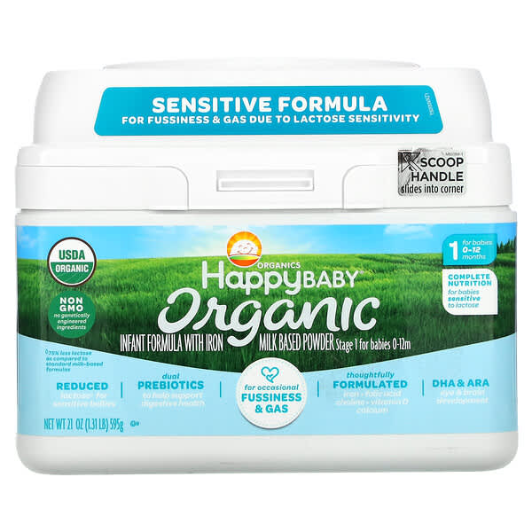 Happy Family Organics, オーガニクスHappy Baby（ハッピーベビー）、鉄分配合乳児用ミルク、ステージ2、生後0～12か月、595g（21オンス）