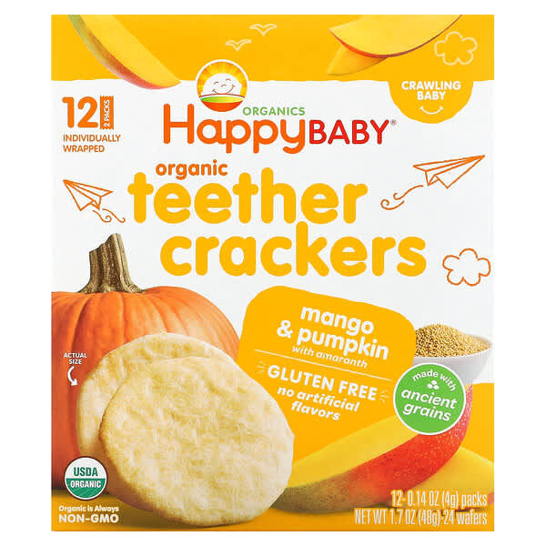 Happy Family Organics, オーガニックティーザークラッカー、アマランス入りマンゴー＆カボチャ、12パック、各4g（0.14オンス）