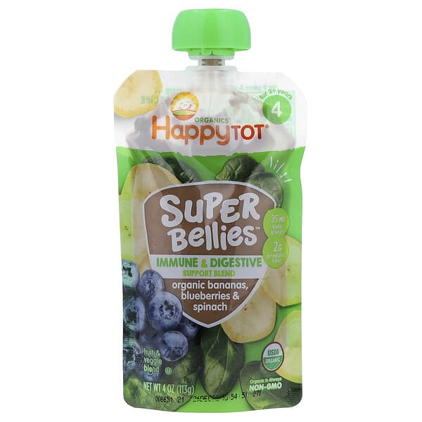Happy Family Organics, Happy Tot®, Superbellies™, 2세 이상용, 유기농 바나나, 블루베리 및 시금치, 113g(4oz)