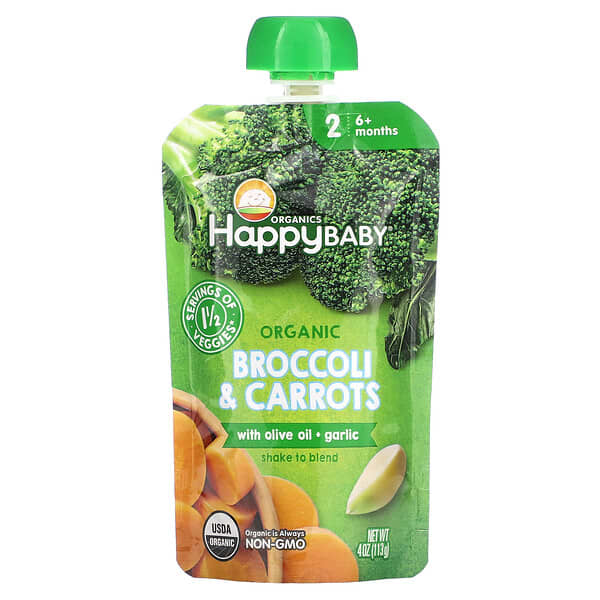 Happy Family Organics, Happy Baby，6 月齡以上，有機西蘭花、胡蘿蔔、橄欖油、大蒜，4 盎司（113 克）