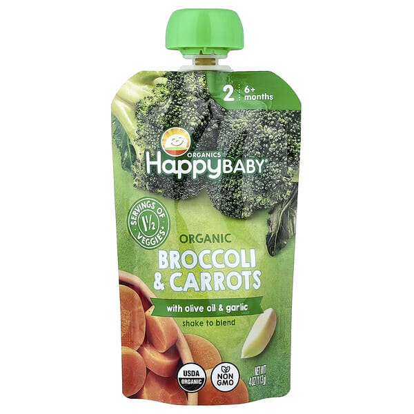 Happy Family Organics, Happy Baby®, 유기농 브로콜리 및 당근, 올리브 오일 + 마늘 함유, 생후 6개월 이상, 113g(4oz)