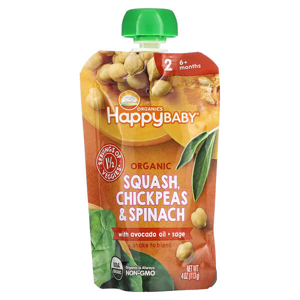 Happy Family Organics, Happy Baby，6 月齡以上，有機南瓜，鷹嘴豆、菠菜，4 盎司（113 克）