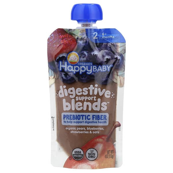 Happy Family Organics, Happy Baby®, Digestive Support Blends™, 생후 6개월 이상, 유기농 배, 블루베리, 딸기, 귀리, 113g(4oz)