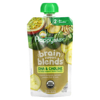 Happy Family Organics, Happy Baby, Mezclas para favorecer el cerebro, Más de 6 meses, Plátanos orgánicos, espinaca, maracuyá y avena`` 113 g (4 oz)