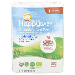 Happy Family Organics, Formule biologique pour nourrissons, Poudre à base de lait enrichie en fer, 0-12 mois, 650 g