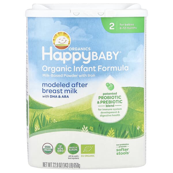 Happy Family Organics, 유기농 영아 분유, 우유 기반 분말, 철분 함유, 6~12개월, 650g(22.9oz)