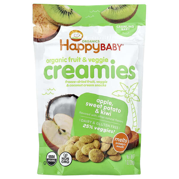 Happy Family Organics, Happy Baby, 유기농 과일 & 채소 크리미, 크롤링 베이비, 사과, 고구마 및 키위, 28g(1oz)