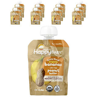 هابي بيبي‏, Happy Baby® ، Nutty Blends ™ ، موز عضوي بعمر 6 أشهر فأكثر مع ملعقة صغيرة من زبدة الفول السوداني ، 12 كيسًا ، 3 أونصات (85 جم) لكل كيس