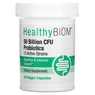 HealthyBiom,  пробиотики, 50 млрд КОЕ, 12 активных штаммов, 30 растительных капсул
