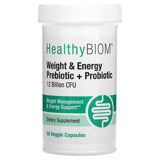 HealthyBiom, Weight Management and Energy Prebiotic + Probiotic, Präbiotikum + Probiotikum für Gewichtskontrolle und Energie, 12 Milliarden KBE, 60 pflanzliche Kapseln