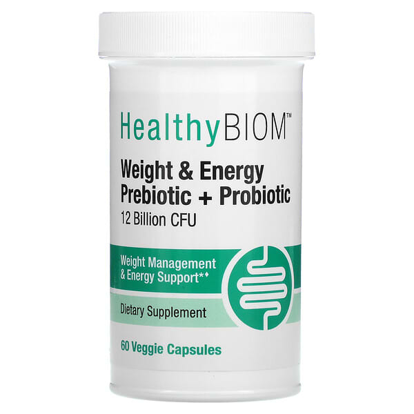 HealthyBiom, Weight Management and Energy Prebiotic + Probiotic, 12 Billion, 60 Veggie Capsules (6 Billion CFUs per Capsule)
