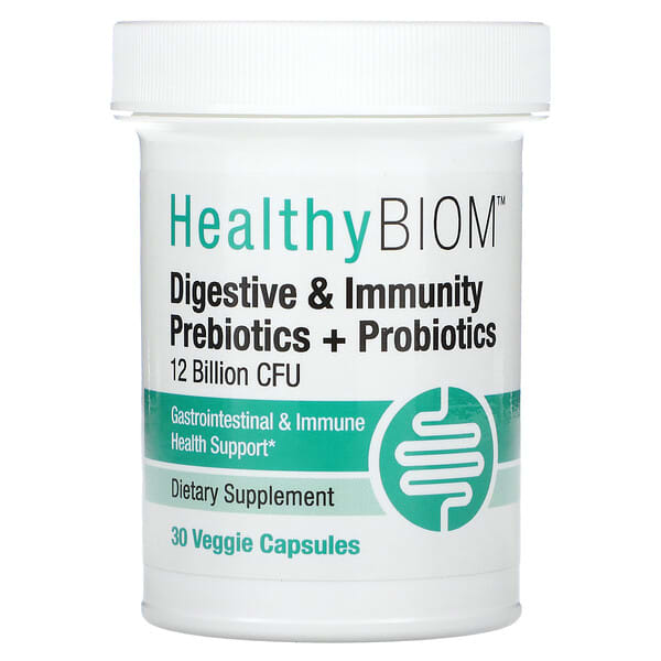 HealthyBiom, Digestive & Immunity Prebiotic + Probiotics, 12 Billion CFUs, 30 Veggie Capsules