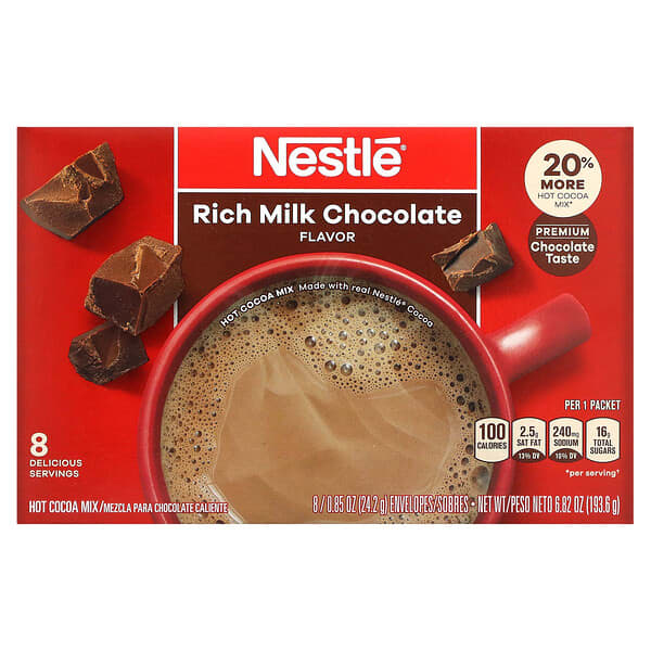 Nestle Hot Cocoa Mix, ホットココアミックス、リッチミルクチョコレート、8袋、24.2g（0.85オンス）