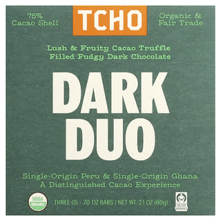 TCHO‏, Dark Duo ، شيكولاتة داكنة محشوة بالكمأة ، قشور الكاكاو ، 75٪ ، 3 ألواح ، 0.70 أونصة لكل قطعة