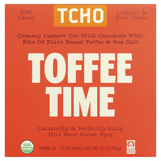 TCHO‏, Toffee Time ، شيكولاتة بحليب الشوفان مع قطع توفي نباتية وملح البحر ، 53٪ كاكاو ، 3 ألواح ، 0.70 أونصة لكل قطعة