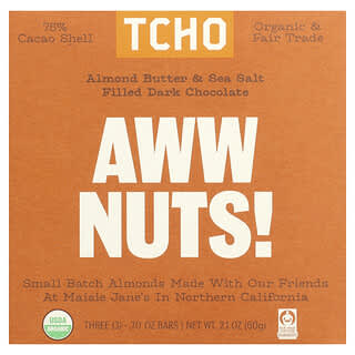 TCHO, Aww Nuts!, Almond Butter & Sea Salt Filled Dark Chocolate, 75% Cacao Shell, 3 Bars, 0.70 oz Each