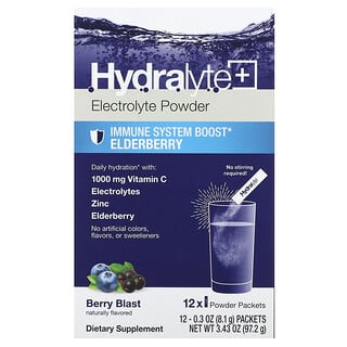 Hydralyte‏, Electrolyte Powder, Immune System Boost with Elderberry, Berry Blast, 12 Packets, 0.3 oz (8.1 g) Each