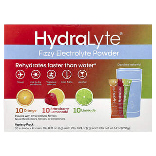 Hydralyte, Fizzy Electrolyte Powder, Variety Pack, Orange, Strawberry Lemonade, Limeade, 30 Individual Packets