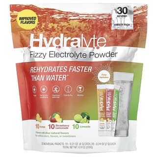 Hydralyte, Fizzy Electrolyte Powder, Variety Pack, Orange, Strawberry Lemonade, Limeade, 30 Individual Packets