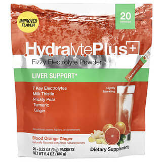 Hydralyte Plus+, Electrolitos efervescentes en polvo, Naranja sanguina y jengibre, 20 sobres, 9 g (0,32 oz) cada uno