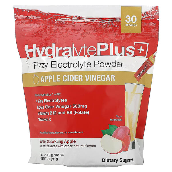 Hydralyte Plus+，起泡電解質粉末，蘋果醋，30 包，每包 0.24 盎司（7 克）