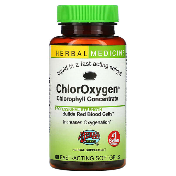 Herbs Etc., ChlorOxygen（クロロキシジェン）、濃縮クロロフィル、速効性ソフトジェル60粒