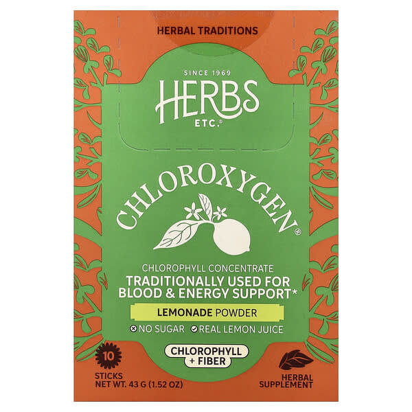 Herbs Etc., ChlorOxygen®, Chlorophyll + Fiber Powder, Lemonade , 10 Sticks, 4.3 g (0.15 oz) Each — product photo 1