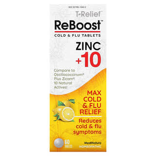 MediNatura, T-Relief، ReBoost، زنك +10، أقراص لعلاج نزلات البرد والإنفلونزا، 60 قرصًا