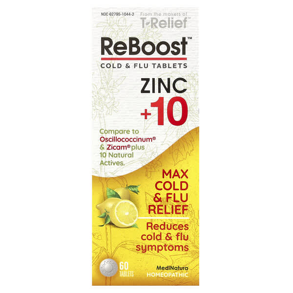 MediNatura, T-Relief, ReBoost, Zinc +10 เม็ดยารักษาไข้หวัดและไข้หวัดใหญ่ บรรจุ 60 เม็ด